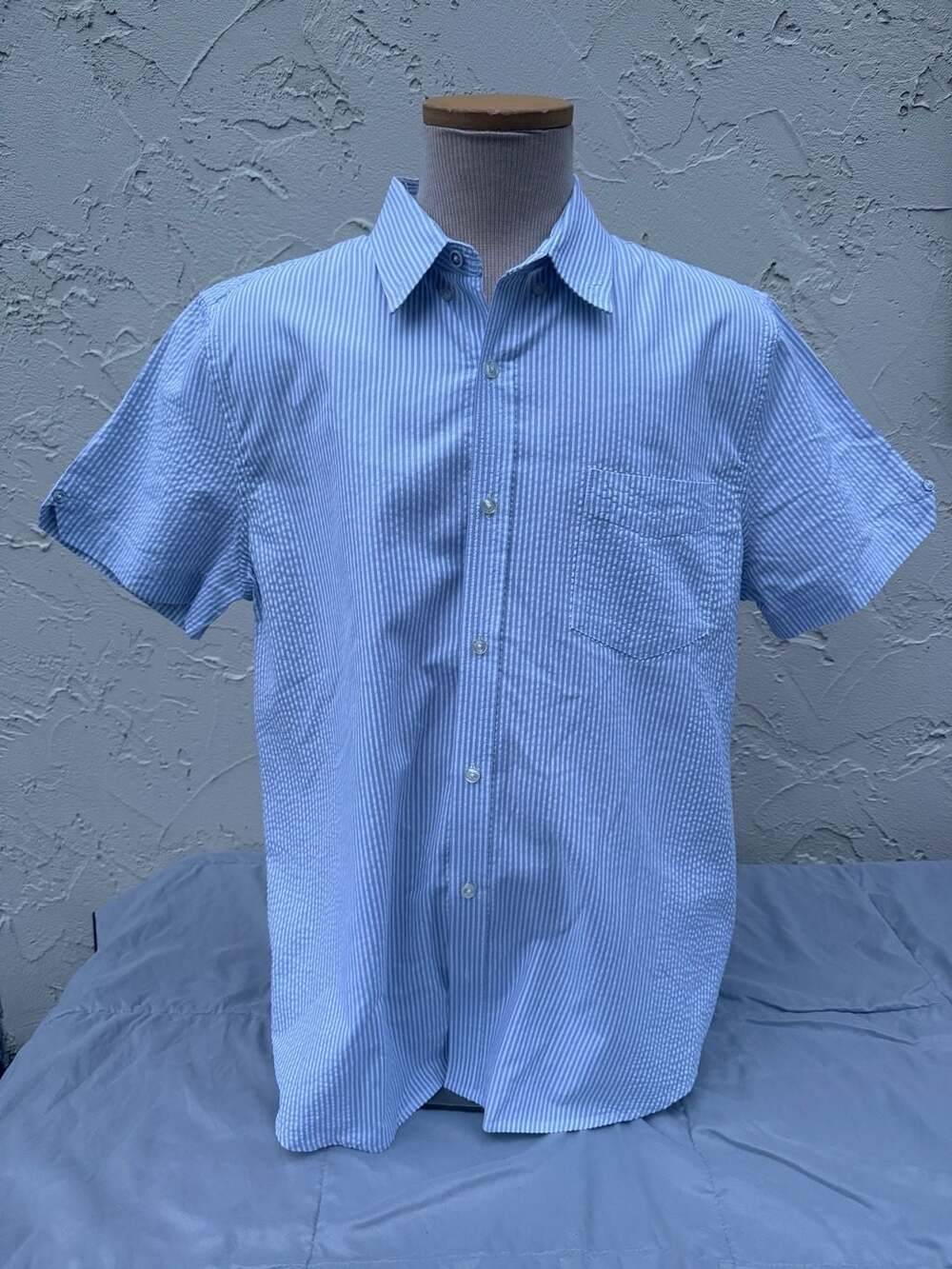 Ben Sherman Men's Blue White Stripe Seersucker Short Sleeve Button Down Shirt XL